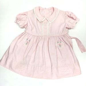 50s VINTAGE Girls Pink Flower Embroidered Dress Lace Trim Waist Tie